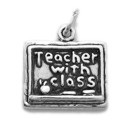 "Teacher with Class" on Blackboard Charm. Sterling Silver