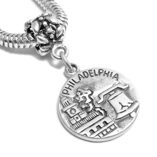 "Philadelphia" PA 2-Sided Charm with Euro Bead. Sterling Silver