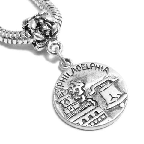 "Philadelphia" PA 2-Sided Charm with Euro Bead. Sterling Silver
