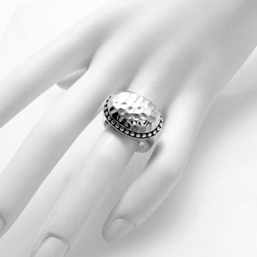 Wide Oval Button Ring in Hammered Finish with Beaded Border. Wholesale Sterling Silver Rings. On hand.