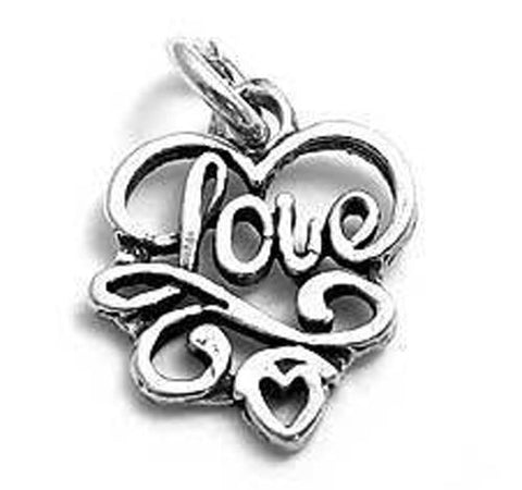 "Love" in Fancy Ornate Script Charm. Sterling Silver