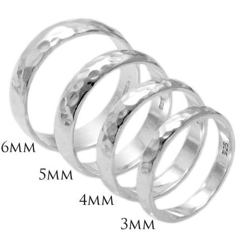 Hammered Band Ring in Sterling Silver, available in four widths. Wholesale Sterling Silver Rings.