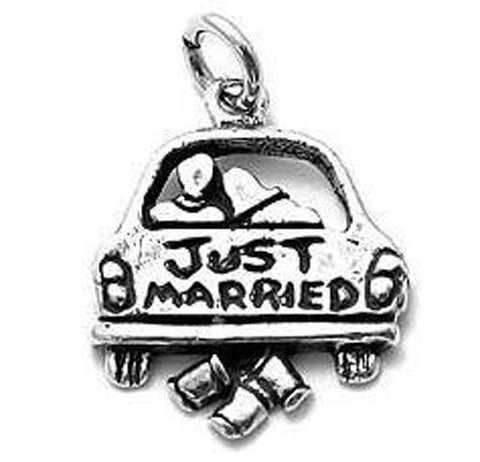 "Just Married" Car with Tin Cans Charm. Sterling Silver