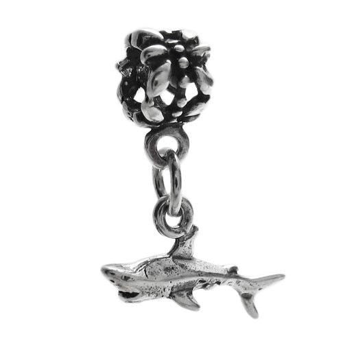 Shark Charm in 3D with Euro Bead. Sterling Silver