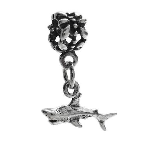 Shark Charm in 3D with Euro Bead. Sterling Silver