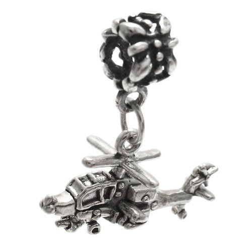 Apache Helicopter Charm in 3D with Euro Bead. Sterling Silver