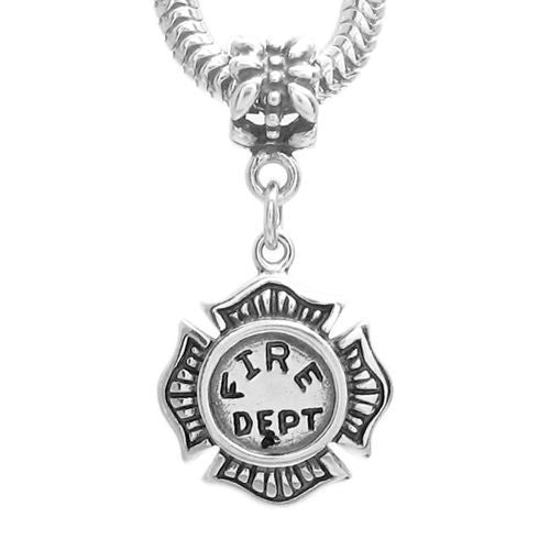 Firefighter's Maltese Cross Badge Charm with Euro Bead. Sterling Silver