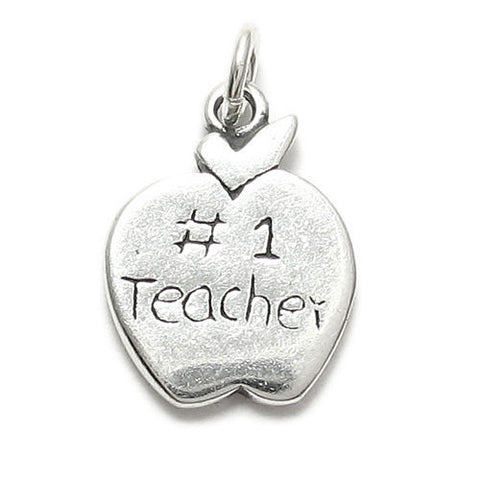 "#1 Teacher" Written on Apple in Kid's Writing. Sterling Silver Charm