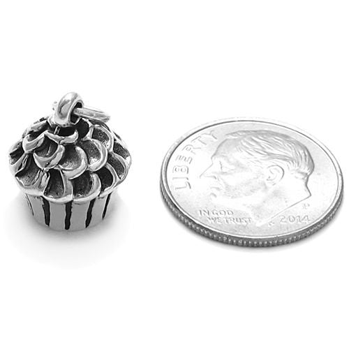 Cupcake with Icing Charm in 3D. Sterling Silver