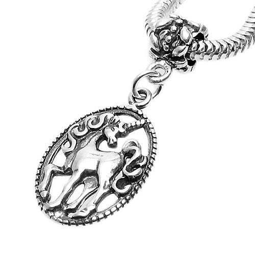 Unicorn in Oval Frame Euro Bead Charm in Sterling Silver.