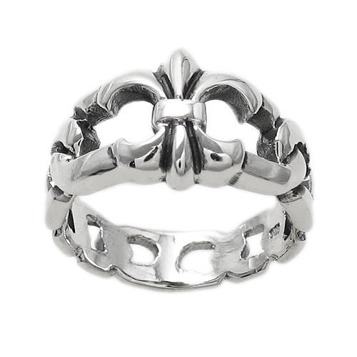 Fleur-de-Lis ring with a Cuban link band. Wholesale Sterling Silver Rings. Alternate Photo.
