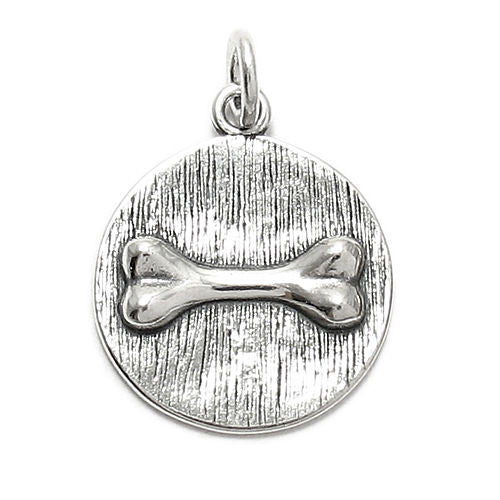 Dog Bone on a Plaque Charm in 3D. Sterling Silver.