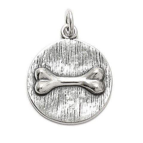 Dog Bone on a Plaque Charm in 3D. Sterling Silver.