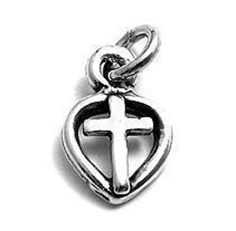 Cross Inside Heart Charm in Sterling Silver