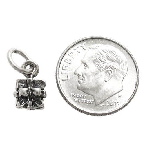 Gift Box Charm in 3D. Sterling Silver
