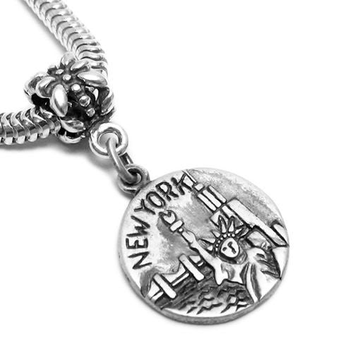 "New York" NY, 2-Sided Charm with Euro Bead. Sterling Silver