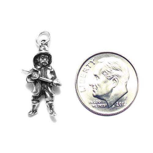 Firefighter Holding Ax Charm in 3D. Sterling Silver