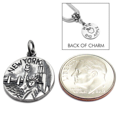 "New York" NY, 2-Sided Charm with Euro Bead. Sterling Silver