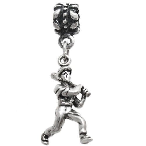 Baseball Player with Bat Charm on Euro Bead. Sterling Silver