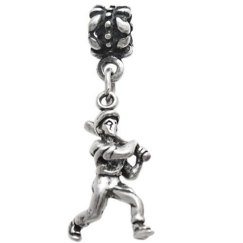 Baseball Player with Bat Charm on Euro Bead. Sterling Silver