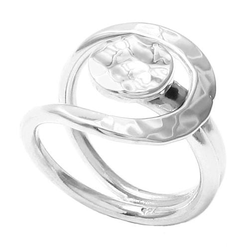 Moving curves and flowing lines trapping a button. Hammered Finish. Wholesale Sterling Silver Rings. Main photo.