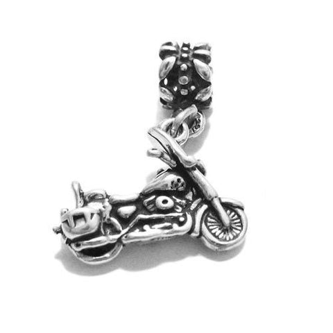 American Motorcycle Charm in 3D with Euro Bead. Sterling Silver