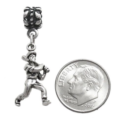 Baseball Player with Bat Charm on Euro Bead. Sterling Silver