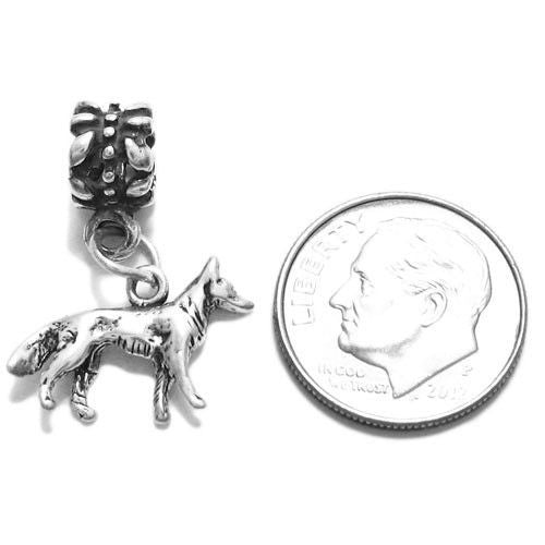 German Shepherd Euro Bead Charm in 3D. Sterling Silver