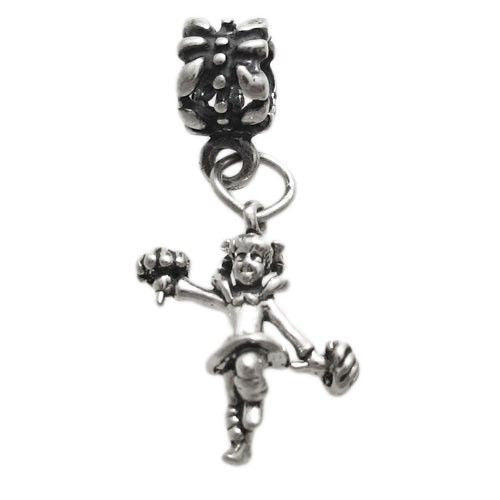 Cheerleader in Pigtails w/ Pom Poms on Euro Bead. 3D Sterling Silver