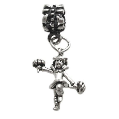 Cheerleader in Pigtails w/ Pom Poms on Euro Bead. 3D Sterling Silver