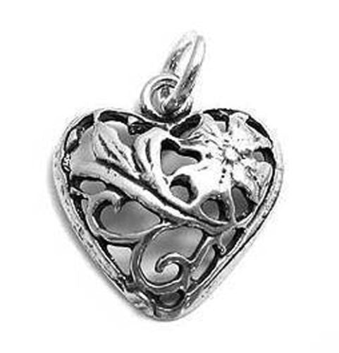 Gothic Floral Heart Charm. Sterling Silver