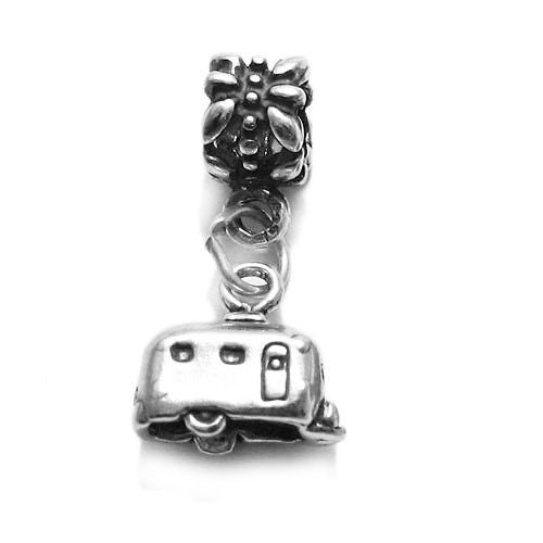 RV Camper Trailer Charm with Euro Bead in Sterling Silver