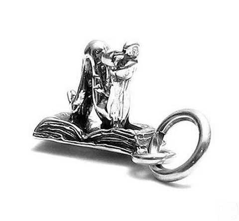 Bookworm Charm in 3D. Sterling Silver