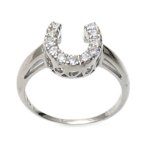 Ladies' Lucky Horseshoe CZ Ring. Wholesale sterling silver rings. Main photo.