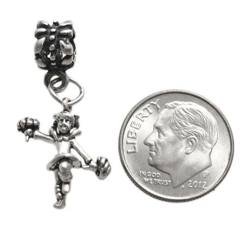 Cheerleader in Pigtails w/ Pom Poms on Euro Bead. 3D Sterling Silver