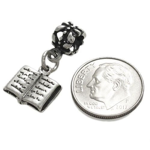 Open Book Charm in 3D with Euro Bead. Sterling Silver