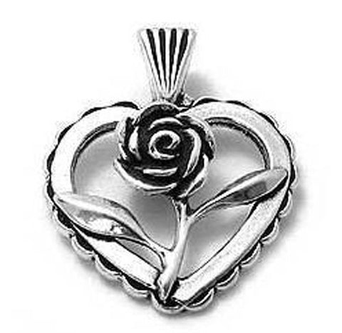 Rose in Open Heart Charm. Sterling Silver