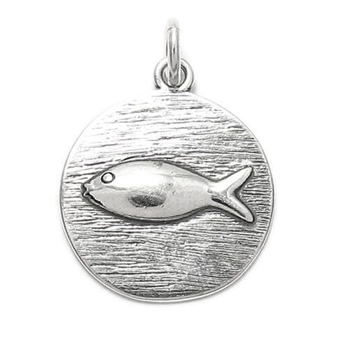 Small Fish on Round Plaque Charm in Sterling Silver.
