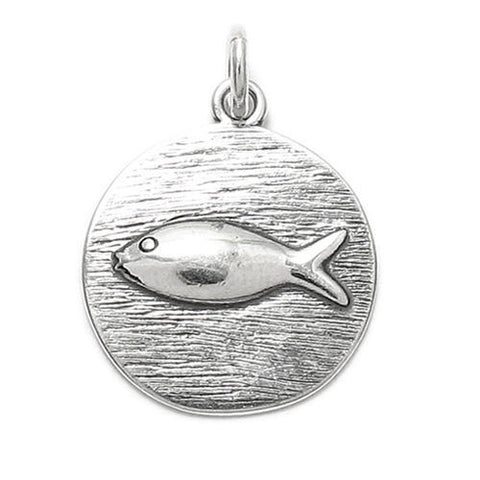 Small Fish on Round Plaque Charm in Sterling Silver.