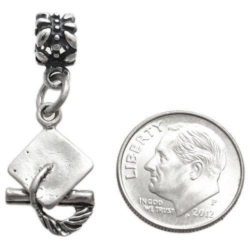 Graduation Cap Charm in 3D with Euro Bead. Sterling Silver