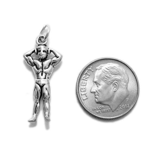 Male Bodybuilder in Biceps Pose Charm in 3D. Sterling Silver
