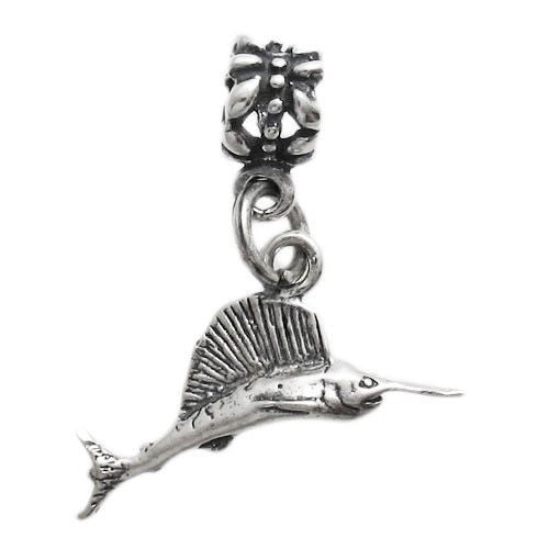 Sailfish Charm in 3D with Euro Bead. Sterling Silver