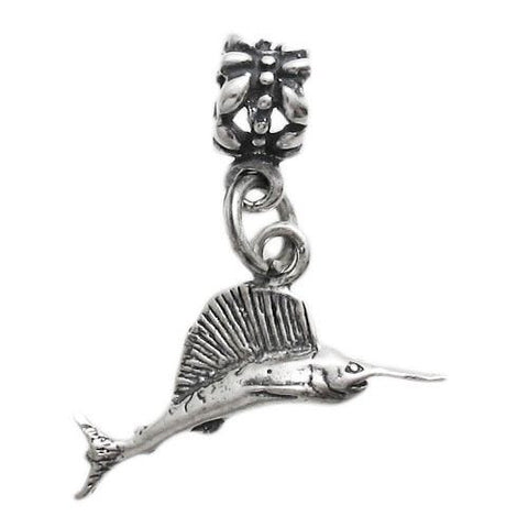 Sailfish Charm in 3D with Euro Bead. Sterling Silver