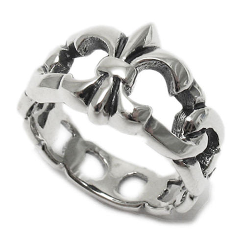Fleur-de-Lis ring with a Cuban link band. Wholesale Sterling Silver Rings. Main photo.