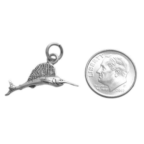 Sailfish Charm in 3D with Euro Bead. Sterling Silver