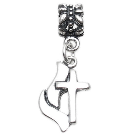 Methodist Cross and Flame Charm with Euro Bead. Sterling Silver