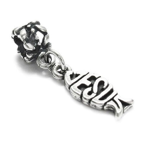 Christian "Jesus" Fish (ΙΧΘΥΣ) with Euro Bead. Charm in Sterling Silver