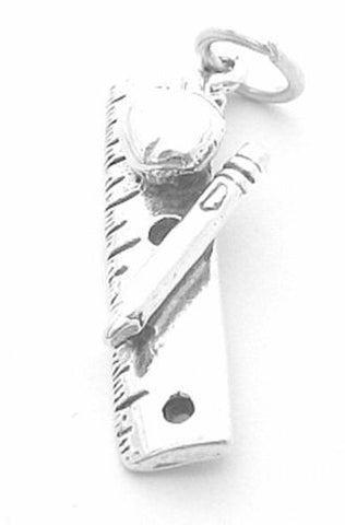 Pencil, Ruler, and Apple, School Supplies Charm. Sterling Silver