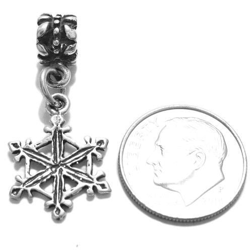 Snowflake Charm in 3D with Euro Bead. Sterling Silver