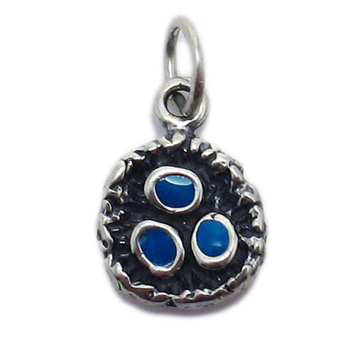 Birds Nest Charm with Blue Enamel Eggs in Sterling Silver.